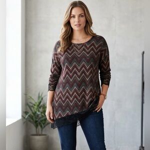 Lace Detail Diagonal Hem French Laundry XL Maroon Geo Print Tunic